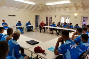 Director of Cricket Jimmy Adams delivering a pep talk to the members of the West Indies Under 19 team who are in Camp in St Kitts preparing to defend their world limited overs title. (Photo courtesy CWI Media)