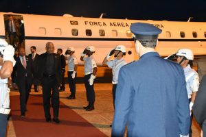 Photo shows President David Granger arriving to a red carpet welcome
