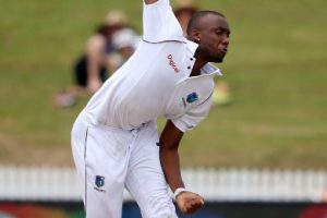 Fast bowler Miguel Cummins celebrates a wicket. (Photo courtesy CWI Media)
