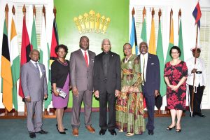 President David Granger (fourth from left) and the new Bahamian commissioner Reuben Rahming (third from left) after the accreditation ceremony. (Ministry of the Presidency photo)