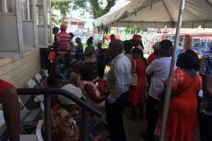 Some of the pensioners who congregated at the Bourda Post Office yesterday as they waited to cash their vouchers 