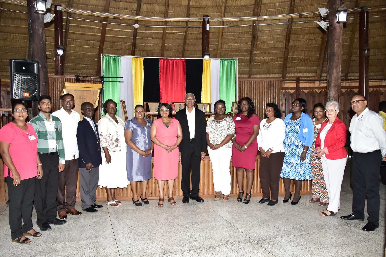 President David Granger (eight from left) and Minister of Public Health, Volda Lawrence (seventh from left) with the Commissioners of the Presidential Commission for the Prevention of Non-Communicable Diseases. Chief Medical Officer, Dr. Shamdeo Persaud and PAHO/WHO Country Representative, Dr. William Adu-Krow are at third and fourth from left respectively.  (Ministry of the Presidency photo)