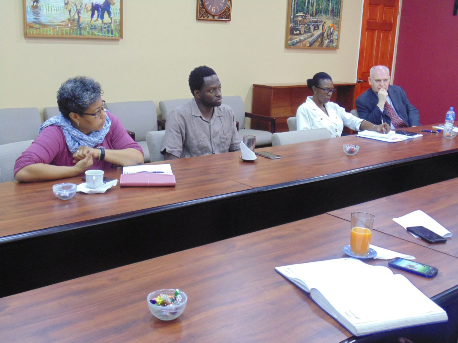 (Left to right): SASOD’s Board Chair, Renata Chuck-A-Sang; Managing Director, Joel Simpson; the  Consultant’s Personal Assistant, Charmaine De Jonge and International Legal Consultant, Peter Pursglove, SC consulting with private sector stakeholders last Thursday. (Private Sector Commission photo)

 