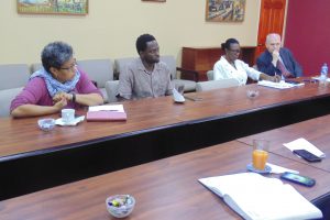 (Left to right): SASOD’s Board Chair, Renata Chuck-A-Sang; Managing Director, Joel Simpson; the  Consultant’s Personal Assistant, Charmaine De Jonge and International Legal Consultant, Peter Pursglove, SC consulting with private sector stakeholders last Thursday. (Private Sector Commission photo)