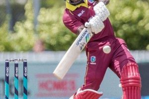 Rovman Powell goes on the attack during his half-century in the opening One-Day International against New Zealand. (Photo courtesy CWI Media) 