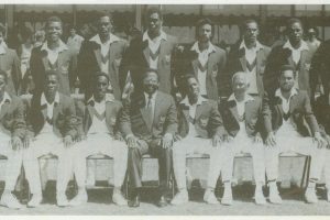  West Indies Youth Team to the Inaugural ICC Youth Cup in Australia, 1988. Back row (left to right), H. Gangapersad (T&T), R. Samuels (Jam), K. Browne (Nevis), S. Simon (Antigua), S. Skeete (Bdos), T. Samuels (Jam), R. Jacobs (Antigua), N. Perry (Jam).
Front Row: D. Telemaque (Dominica), D. Thomas (Grenada), R. Holder (Bdos), A. E. King Manager (Bdos), B. Lara, Captain (T&T), R. Kanhai, Coach (Guy), J. Adams (Jam), R. Dhanraj (T&T)