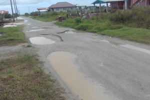 The entrance to Belle West Phase Two housing scheme, West Bank Demerara is littered with  potholes that were filled with water on Sunday. Several drivers were observed manoeuvring around the holes in an attempt to avoid damage to their vehicles. Residents have complained that nothing has been done to repair these roads.
