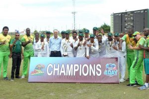 Guyana Jaguars celebrate receiving the George Headly & Sir Everton Weekes trophy after their final round win against the Trinidad and Tobago Red Force (Orlando Charles photo)
