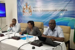 The panel at the Telecommunications press conference yesterday. From left are telecommunications consultant Andre Griffith, Minister Cathy Hughes and Chairman of the National Data Management Authority Floyd Levi.