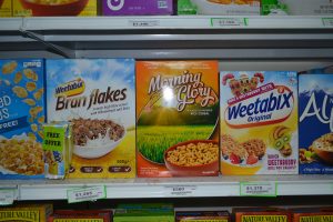 The locally manufactured Morning Glory Rice Cereal on display among other leading cereals at a supermarket in the city. (Photo courtesy of the IAST)