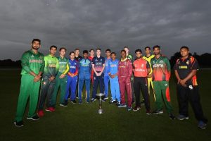 Representatives from all 16 participating teams at the ICC U19 CWC pose for a pre-tournament snap.