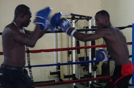 Dexter ‘Cobra’ Gonsalves hits the pad of trainer, Joseph Murray during a recent workout at the Andrew ‘Sixhead’ Lewis Gym. Gonsalves and Venezuelan, Felipe Barcelo, will be part of the six-fight ‘Bad Blood’ card on Saturday at the Cliff Anderson Sports Hall.
