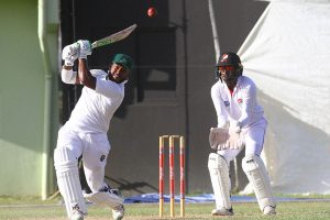 Opener Chandrapaul Hemraj launches one downtown during another fine knock for the Jaguars (Orlando Charles photo)