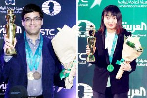 Viswanathan Anand (left) and Ju Wenjun, seasoned international grandmasters from India and China respectively, won the male and female 2017 World Rapid Chess Championships in December in Saudi Arabia. The Rapid Championships are prestigious titles equalling the World Blitz Championships and to a lesser extent, the World Classical Chess Championships. Anand succeeded Vassily Ivanchuk, the 2016 champion, while Wenjun replaced Anna Muzychuk. (Photo: Anastasia Karlovich) 