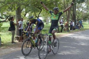 Curtis ‘Chappy’ Dey kicked off the 2018 cycling season in fine style yesterday, winning the feature 35-lap event of the 25th annual Ricks and Sari Agro Industries multi-race programme. He is seeing here reacting after bettering his teammate, Romello Crawford. (Orlando Charles photo)