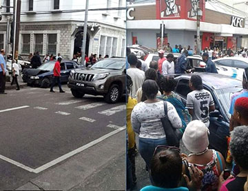 Images from the crime scene show a crashed car and police officers taking a victim away.