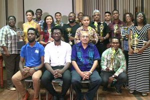  In the picture at above the awardees  along with (sitting from left to right) Assistant Director of Sport, Brian Smith, GLTA President, Jamal Goodluck and GOA President, Kal Juman Yassin. (Photo courtesy of the GTA)
