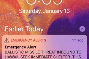 A screen capture from a Twitter account showing a missile warning for Hawaii, U.S., January 13, 2018 in this picture obtained from social media. Courtesy of TWITTER @wpugh/via REUTERS