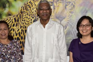 President David Granger is flanked by Minister of Public Affairs, Dawn Hastings-Williams (left) and United Nations (UN) Resident Coordinator Mikiko Tanaka (Ministry of the Presidency photo) 