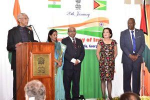 President David Granger speaking at the 69th anniversary celebration. From right are Minister of State Joseph Harmon, First Lady Sandra Granger, Indian High Commissioner to Guyana V Mahalingam and Mrs Mahalingam. (Ministry of the Presidency photo)