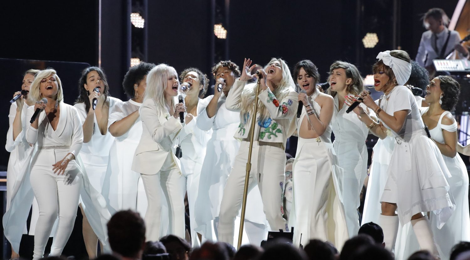 Kesha (C) is joined by a multitude of singers as they perform “Praying.” REUTERS/Lucas Jackson