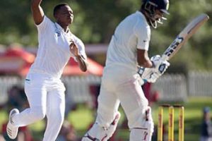 South Africa fast bowler Lungi Ngidi exults after getting the prized wicket of India skipper Virat Kohli.