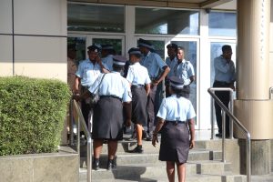 Some of the large number of policemen and women who turned up at the NBS during Tuesday’s standoff.