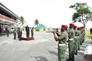 President David Granger being heralded on arrival  (Ministry of the Presidency photo)