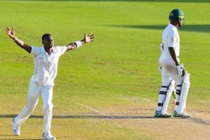 Barbados Pride batsman Keon Harding appeals successfully for Jamaica Scorpions batsman Andre McCarthy lbw on the second day of the Regional 4-Day Championship match on Friday at Kensington Oval. (Photo by Kerrie Eversley)