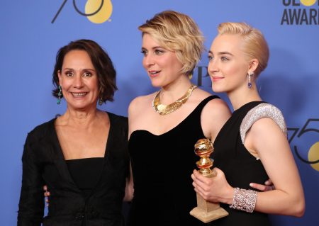 (L-R) Laurie Metcalf, Greta Gerwig and Saoirse Ronan pose backstage with their Best Motion Picture -Musical or Comedy award for ‘Lady Bird.” REUTERS/Lucy Nicholson