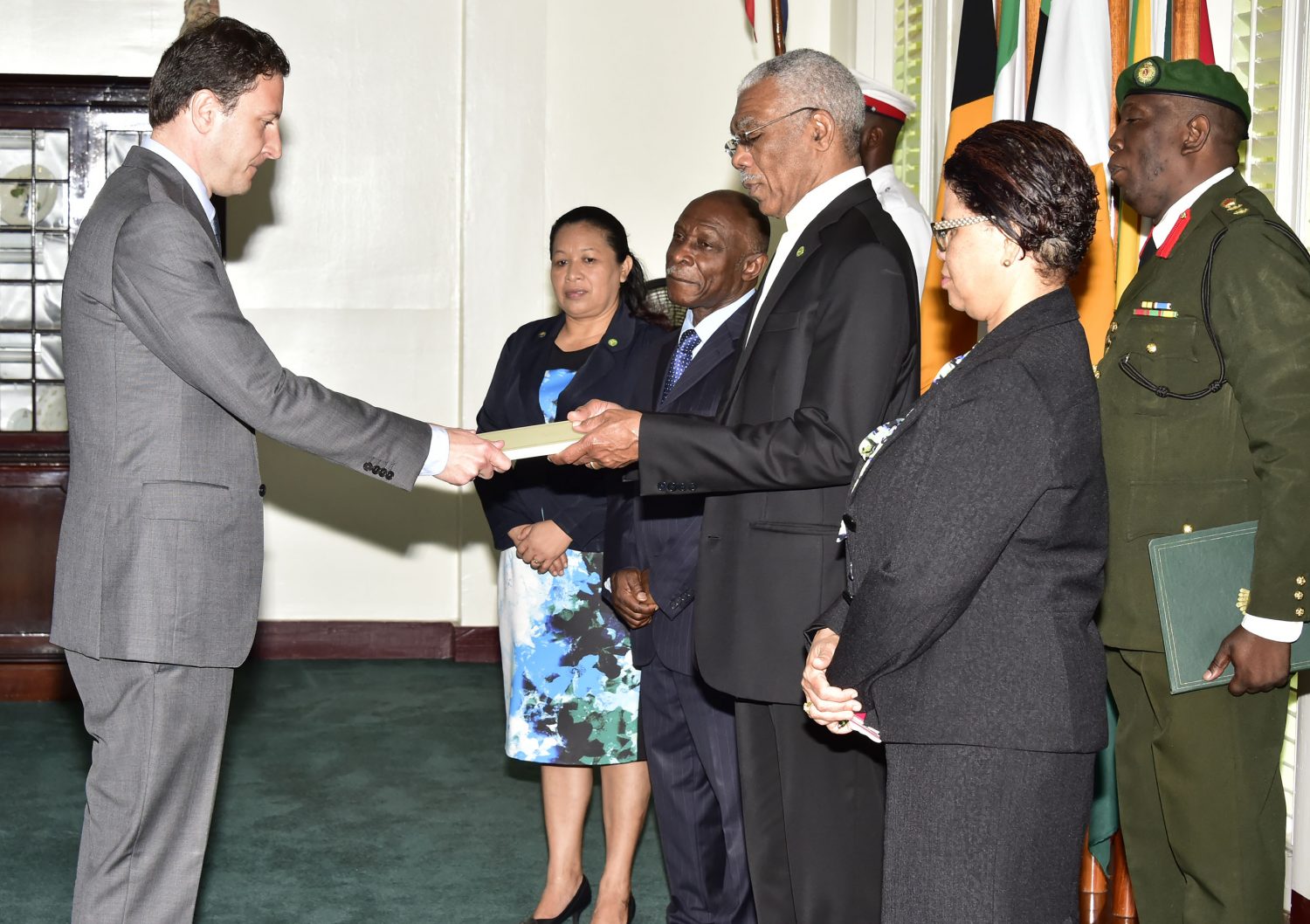 Non-Resident Ambassador of the Republic of Georgia to Guyana, David Solomonia (left) presenting his Letters of Credence to President David Granger. (Ministry of the Presidency photo) 