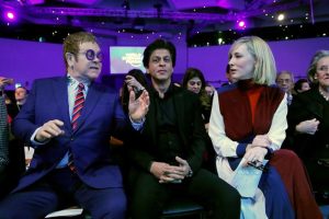 Actor Cate Blanchett (right), actor Shah Rukh Khan (centre) and singer Elton John are pictured at the Crystal Awards ceremony of the annual meeting of the World Economic Forum (WEF) in Davos, Switzerland January 22, 2018. REUTERS/Denis Balibouse
