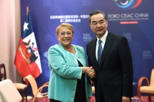 Chile’s president Michelle Bachelet and China’s Foreign Minister Wang Yi meet at China and the Community of Latin American and Caribbean States (CELAC) Forum, in Santiago, Chile January 22, 2018. Ximena Navarro/Courtesy of ChileanPresidency/Handout via Reuters
