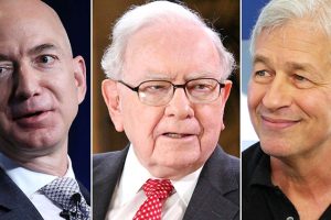 From left Amazon’s Jeff Bezos, Berkshire’s Warren Buffett and JPMorgan’s Jamie Dimon