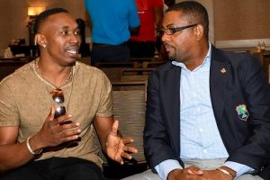 All-rounder Dwayne Bravo (left) chats with CWI president, Dave Cameron, during a players forum in Fort Lauderdale two years ago.