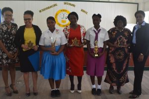 Those honoured at Region Four’s Black History Month event. From left are: CARICOM IKEMBA representative Onika Frank; Regional Executive Officer Pauline Lucas; Beterverwagting student Danelle Goddette; Regional Education Officer Tiffany Favourite-Harvey; La Bonne Intention student Shenelle Harris; Regional Chairperson Genevieve Allen; and Director of Youth Gillian Frank.
