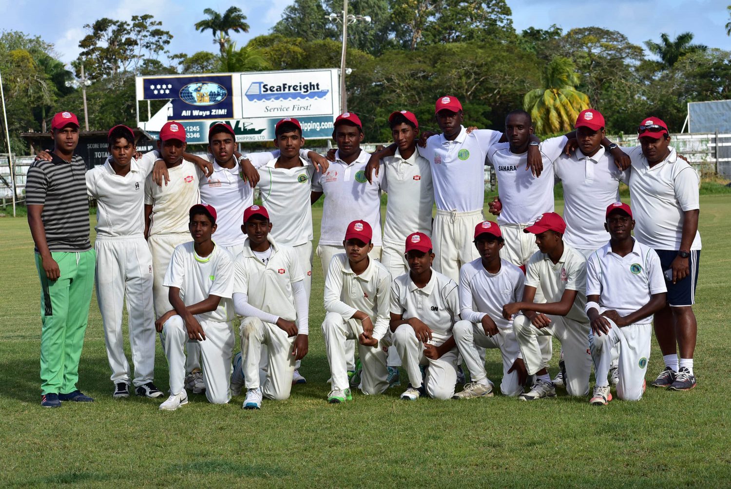 The victorious East Bank Demerara team after defeating West Demerara yesterday at the Georgetown Cricket Club, to win the DCB Inter-Association Under-17 tournament