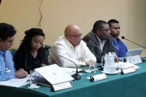 The panel representing GWI at yesterday’s PUC hearing. From left: Jaijopaul Ram, Executive Director of Finance; Tiffany David, attorney; Dr Richard Van West-Charles, Managing Director; Marlon Daniels, Executive Director of Customer Service and Relations and Ramchand Jailal, Engineer.