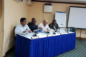 GWI’s panel at the Public Utilities Commission hearing yesterday. Second from right is Managing Director Dr Richard Van West-Charles.