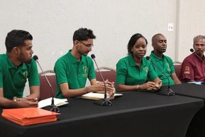 The organisers of the pageant addressing the media during a recent press briefing. They are Dave Lalltoo, Assistant National Director Dr Latoya Gooding, Managing Executive Dr Omesh Balmacoon and Events Coordinator Myron Stephens.
