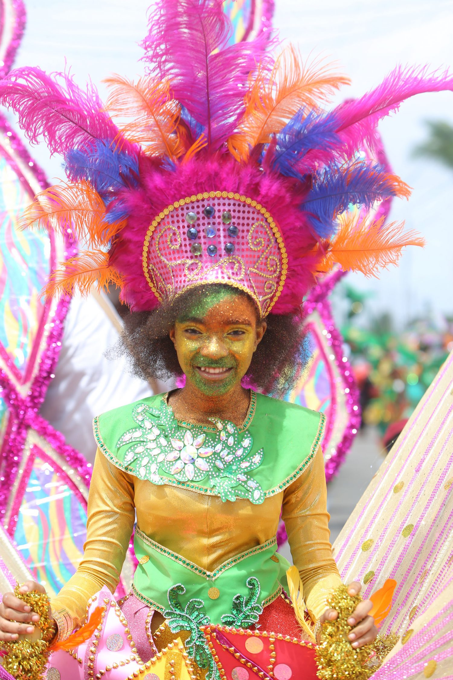 A North Georgetown Primary student leading the school’s ‘Frolic in the Sun’ band during the Children’s Mashramani Costume and Float parade yesterday. See centre pages for more photos. (Photo by Keno George)