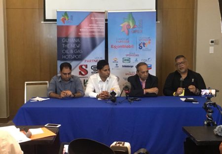 PSC GIPEX: From left: Executive member of the Private Sector Commission (PSC) Zulfikar Ali, Head of the Guyana Manufacturing and Services Association Shyam Nokta, Head of the PSC Eddie Boyer and Executive Member of the PSC Ramesh Dookhoo at yesterday’s press briefing. 