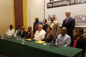 From left (seated): Ed Caesar, Chair of the Education Reform Commission; Joel Simpson, of the Guyana Equality Forum; David Singh, Vice President of Conservation International; Coretta McDonald, General Secretary of the GTU; Christopher Fernandes, Chair of the St Stanislaus College school board; Petal Jetoo, National Science Coordinator; Professor Michael Scott, Deputy Vice Chancellor of Academic Engagement at UG; Jacqueline Murray (Director of IDCE); (standing) Chief Education Officer Marcel Hutson; UG Deputy Vice-Chancellor Dr Paloma Mohamed; UG Vice-Chancellor Professor Ivelaw Griffith; and Paolo Marchi, Deputy Representative, UNICEF Guyana and Suriname.