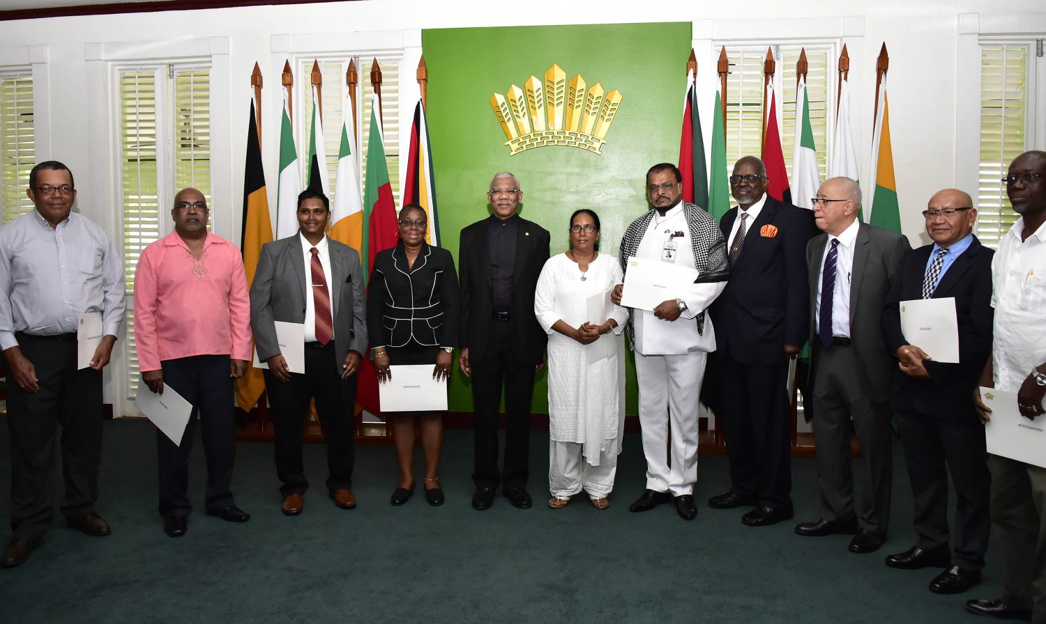 President David Granger  (fifth from left) with the newly sworn-in members of the Ethnic Relations Commission. (Ministry of the Presidency photo)
