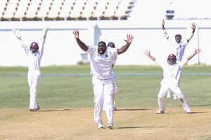 ff-spinner Rahkeem Cornwall appeals successfully for an lbw decision against Nick Gubbins (partially hidden). (Photo courtesy CWI Media) 