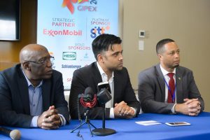 From left to right are  Kenrick Hoyte, Vice-President of the joint venture;  GUYSON’s Chief Executive Officer, Faizal Khan and Chief Executive Officer  of Go-Invest, Owen Verwey. (GIPEX photo) 
