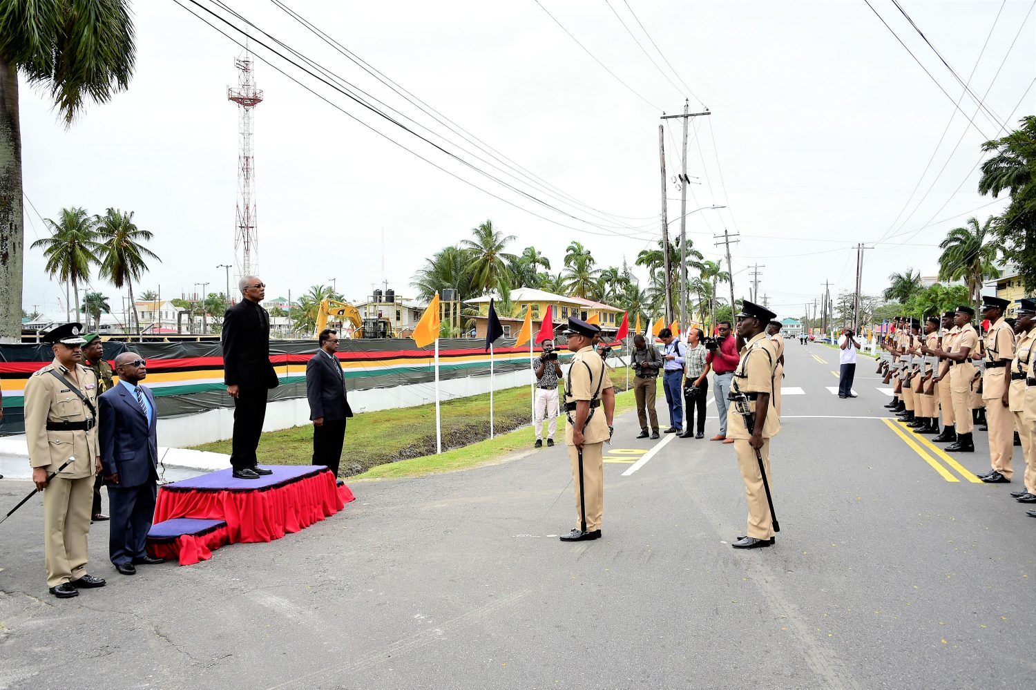 President David Granger on the dais preparing to take the salute (Ministry of the Presidency photo) 