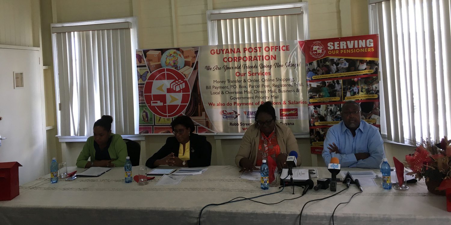 From left are Guyana Post Office Corporation (GPOC) Public Relations Officer Telesha Whyte, Minister of Public Telecommunications Cathy Hughes, Postmaster General Karen Brown and Chairman of the GPOC Board Raphael Massiah yesterday at the GPOC’s annual press conference. 