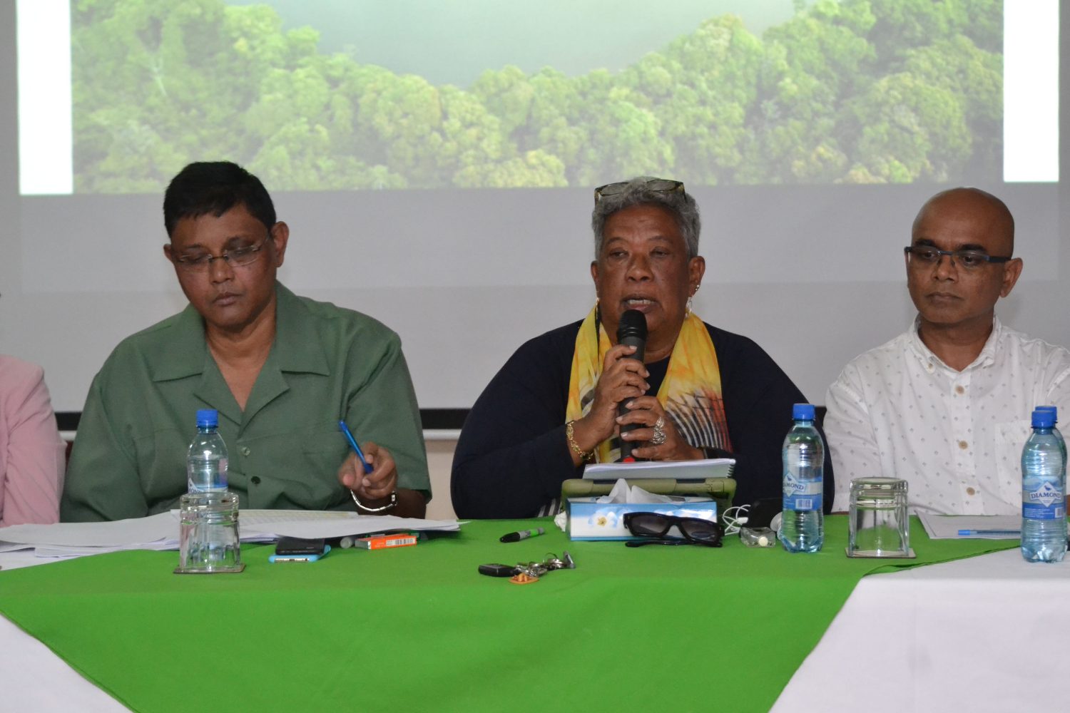 From left: GFC’s Commissioner James Singh, Chairperson of the board Jocelyn Dow  and David Singh,  Vice President, Conservation International at the press conference. (Department of Public Information photo)
