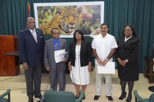 From left are Minister of State,  Joseph Harmon; Chairman of the Commission, Kumar Doraisami; Commissioners,  Rosemary Benjamin- Noble and Pandit Rabindranauth Persaud and Chief Magistrate,  Ann McLennan. (Ministry of the Presidency photo) 